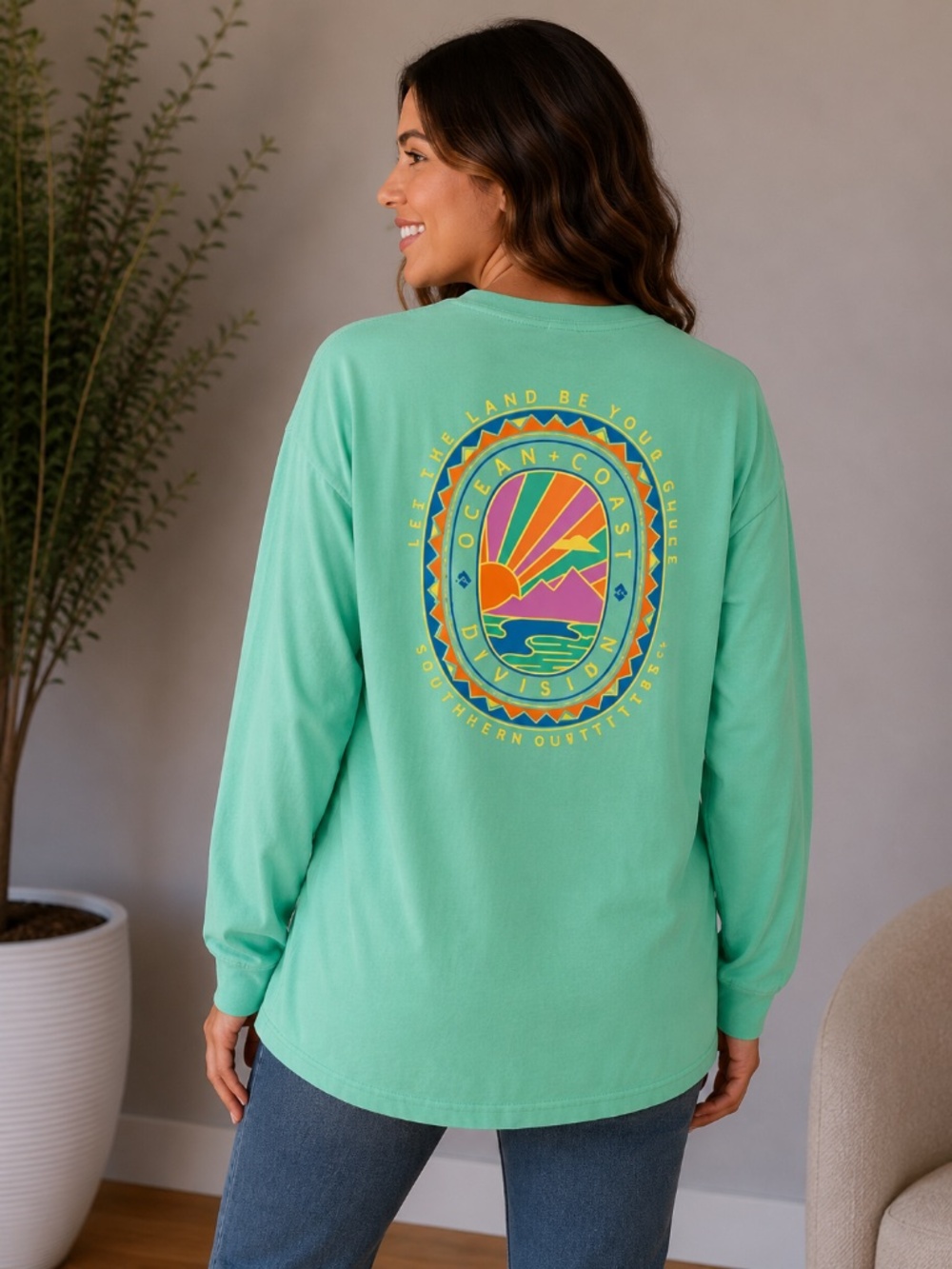 Ocean Coast Women's Mint Green Long Sleeve Graphic Shirt, size XXL